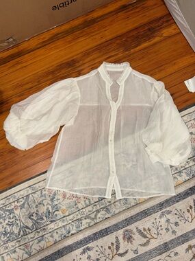 Boho Cotton Blend Button up White Full Bishop Sleeve Top